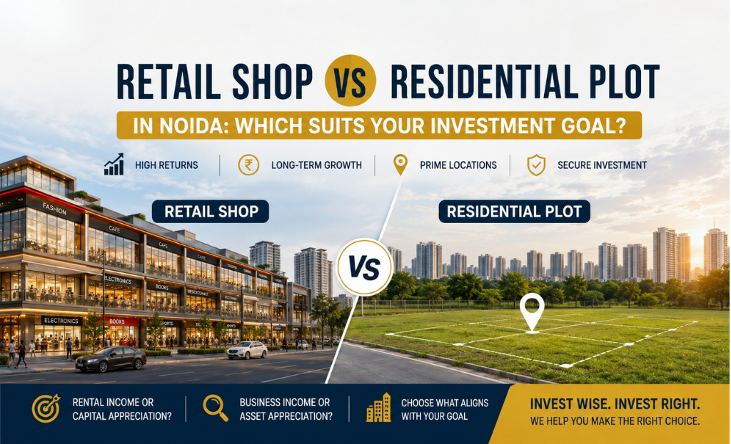 Comparison of a Noida retail arcade and a residential plot in a planned sector