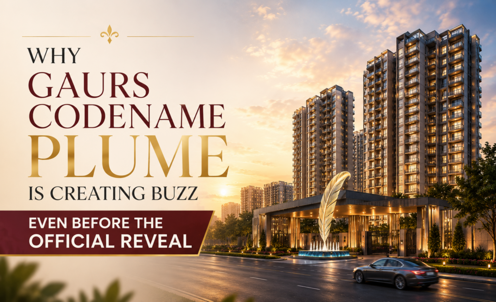 Luxury project teaser display for Gaurs Codename Plume with buyers reviewing plans