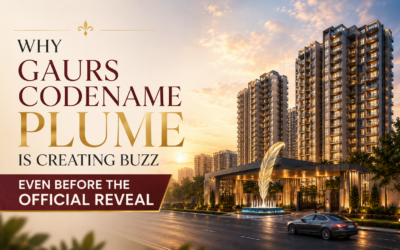 Luxury project teaser display for Gaurs Codename Plume with buyers reviewing plans