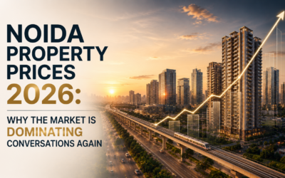 Noida skyline with residential towers, expressway and metro corridor