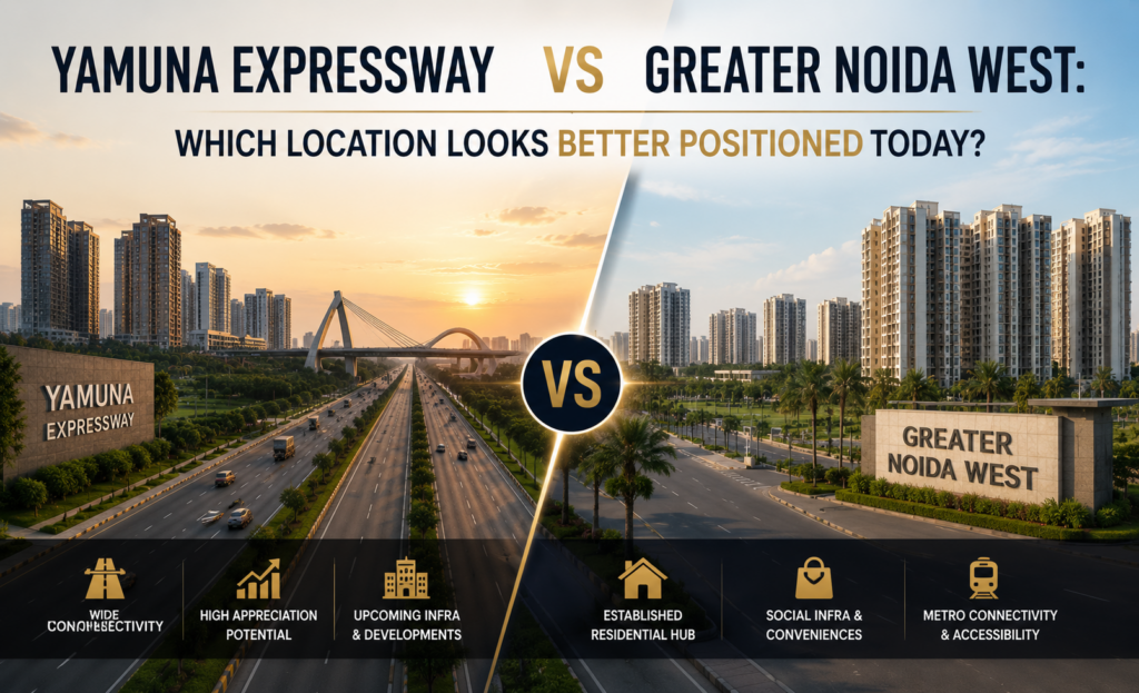 Split aerial view comparing Greater Noida West apartments with the Yamuna Expressway corridor