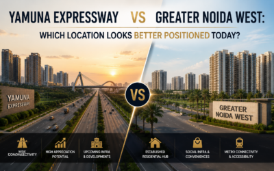 Split aerial view comparing Greater Noida West apartments with the Yamuna Expressway corridor