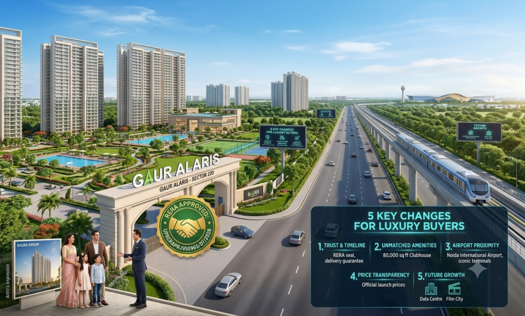 Luxury homebuyer reviewing RERA-approved Yamuna Expressway project documents