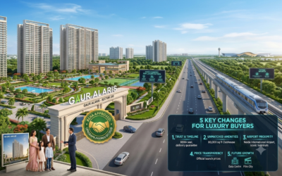Luxury homebuyer reviewing RERA-approved Yamuna Expressway project documents