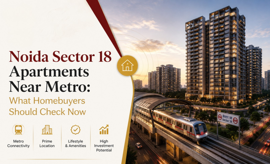 Noida Sector 18 metro area with nearby apartment buildings and busy street