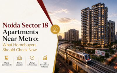 Noida Sector 18 metro area with nearby apartment buildings and busy street