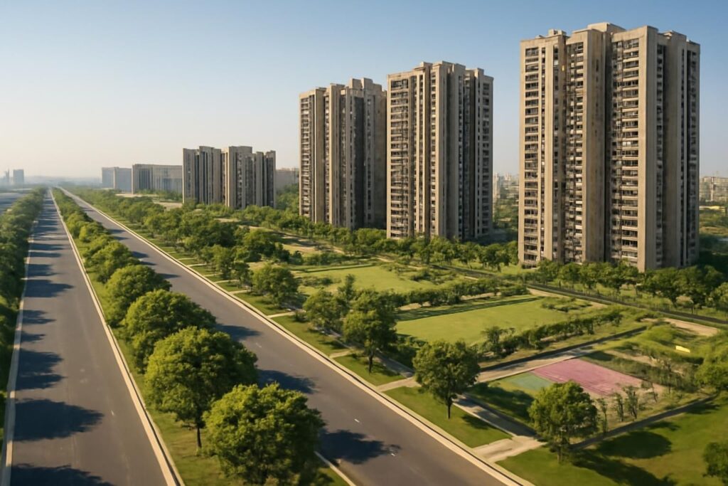 Wide view of Sector 150 Noida with green open spaces and modern residential towers