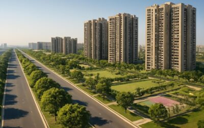 Wide view of Sector 150 Noida with green open spaces and modern residential towers