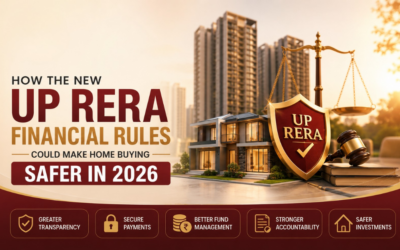 Homebuyers reviewing a UP RERA financial compliance checklist in a Delhi NCR sales office