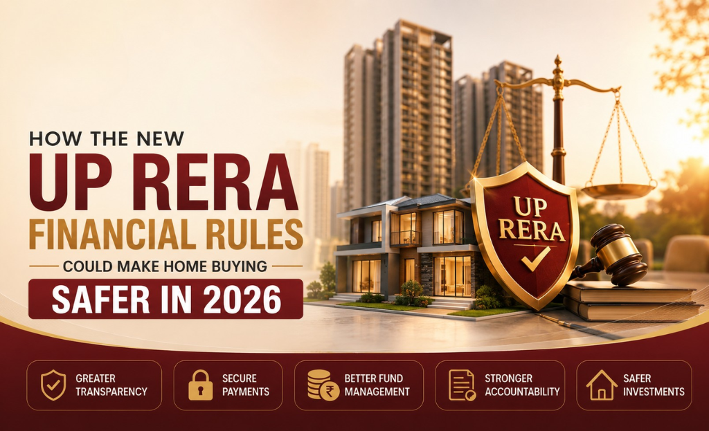 Homebuyers reviewing a UP RERA financial compliance checklist in a Delhi NCR sales office
