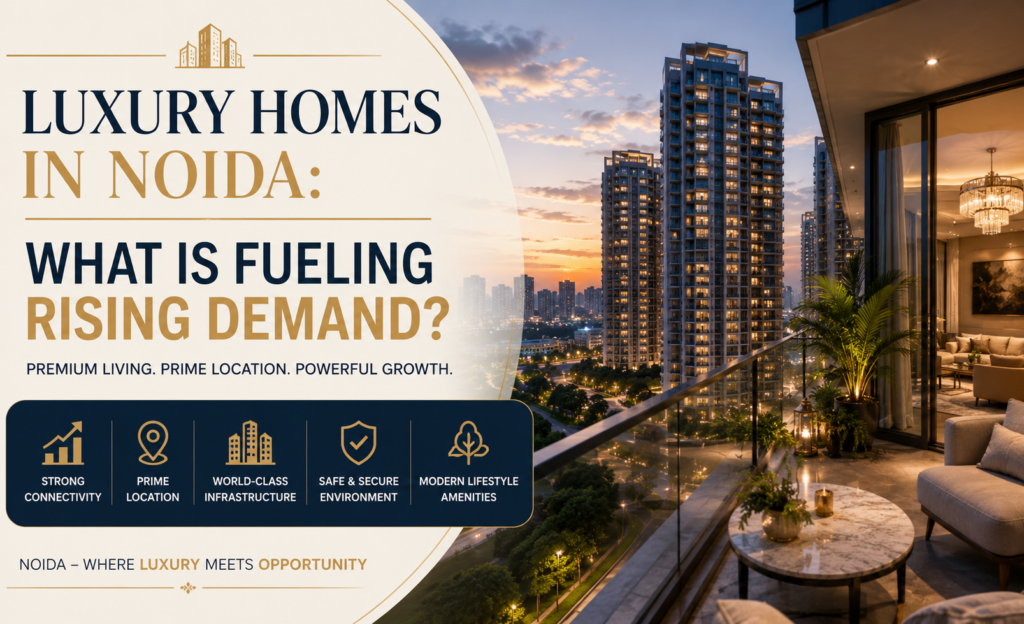 Contemporary luxury residential towers and landscaped entrance in Noida