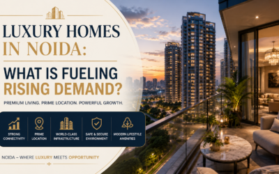 Contemporary luxury residential towers and landscaped entrance in Noida