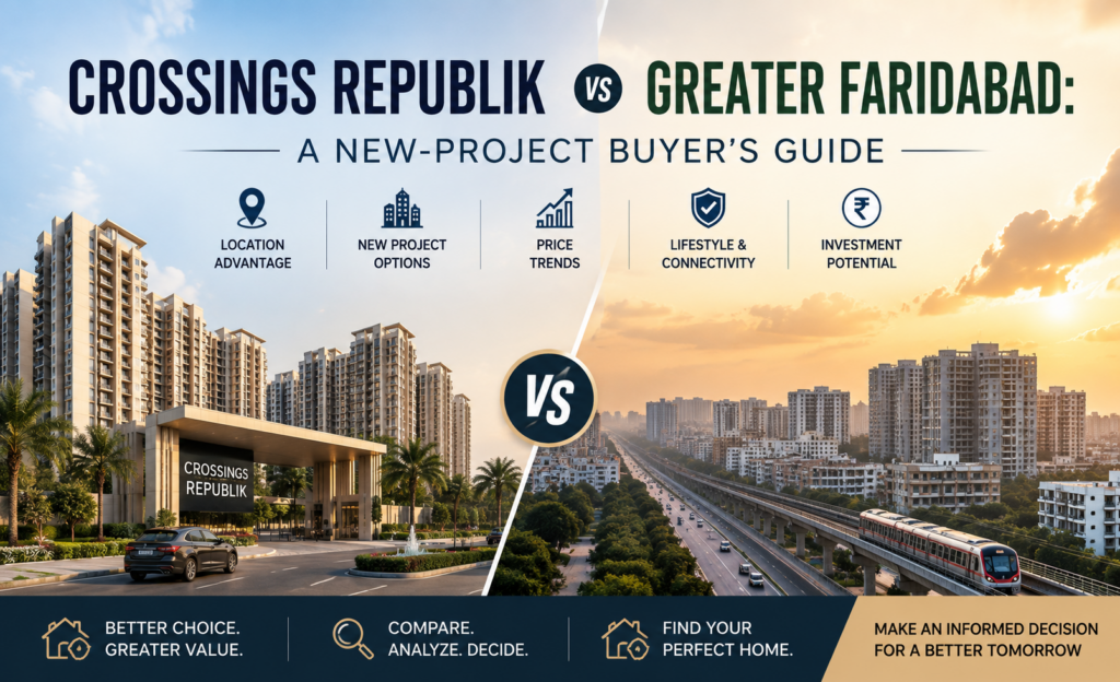Split aerial view comparing a mature Crossings Republik township with residential development in Greater Faridabad