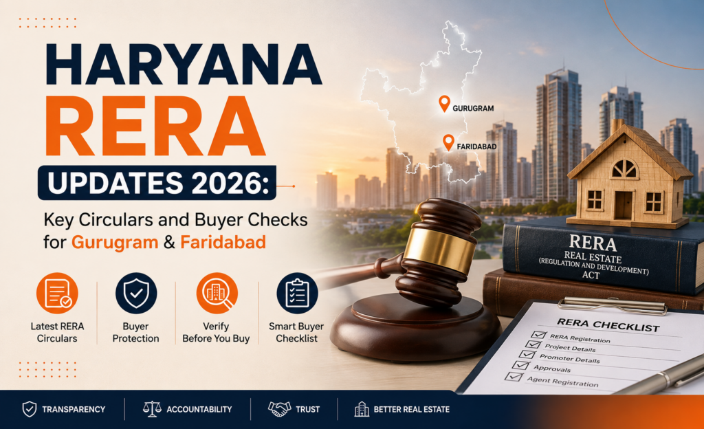 Homebuyer reviewing Haryana RERA project details with Gurugram skyline in background