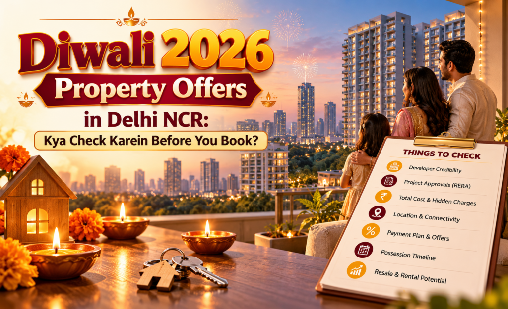 Homebuyers checking a Diwali property offer with documents and RERA details
